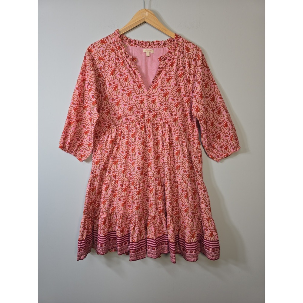 Pink Chicken Womens Dress Size M Pink Block Floral 3/4 Sleeve Cotton Boho Tiered